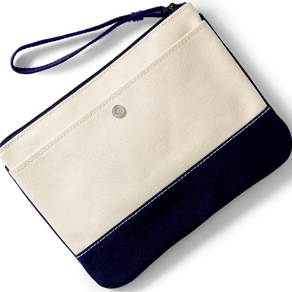 Lands’ End Medium Navy & Natural Zipper Canvas Pouch Wristlet NEW - Picture 1 of 6